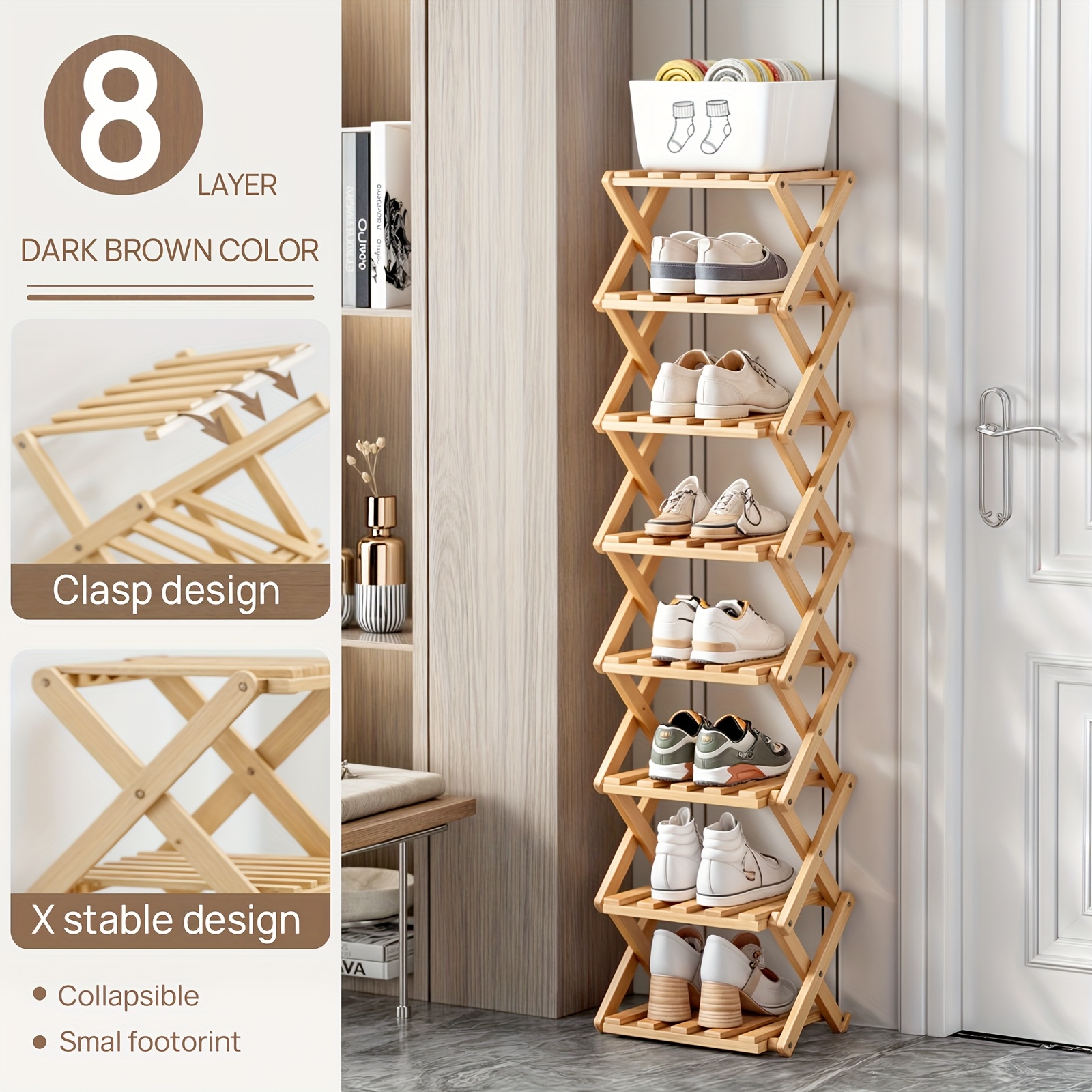 TEMU A Collapsible Shoe Organizer Made Of Bamboo, Designed To And Provide Storage. Ideal For Compact Areas, This Multi-tier Shoe Rack Is Easy To Set Up And Perfect For Rental , , , Bedrooms, Bathrooms