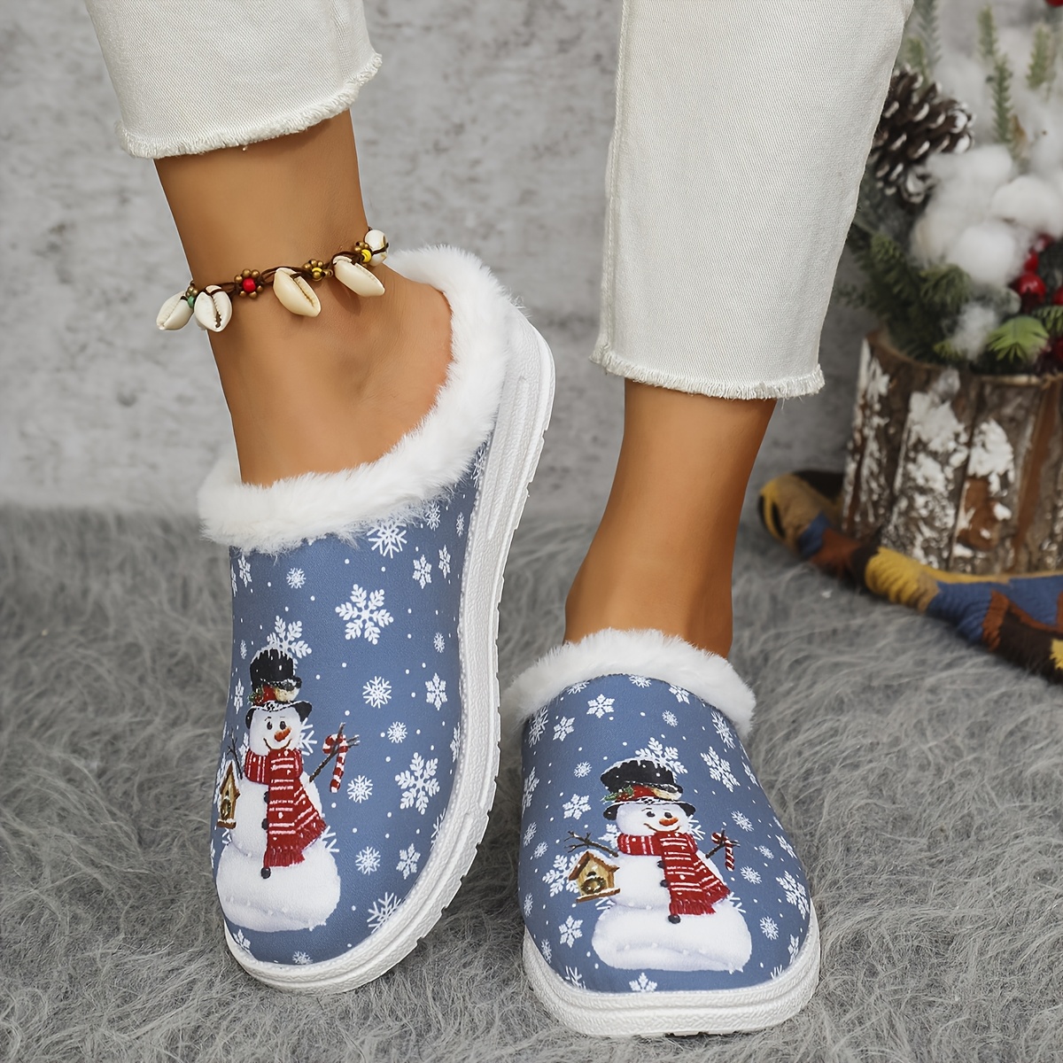 

1 Pair Cozy Flannel Slip-on Slippers For Women - Indoor House Shoes With Snowflake And Santa Print, , Fiber Lining And Insole, Festive Footwear