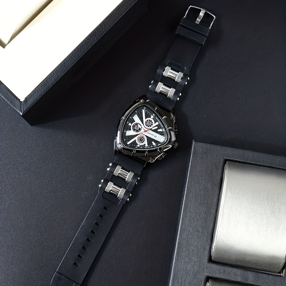 3pcs Set Men'S Quartz Watches with Silicone Strap & Date Display - Classic Triangular Dial, & Golden-Tone Case, Non-Rechargeable Battery, Casual & Sporty Wear