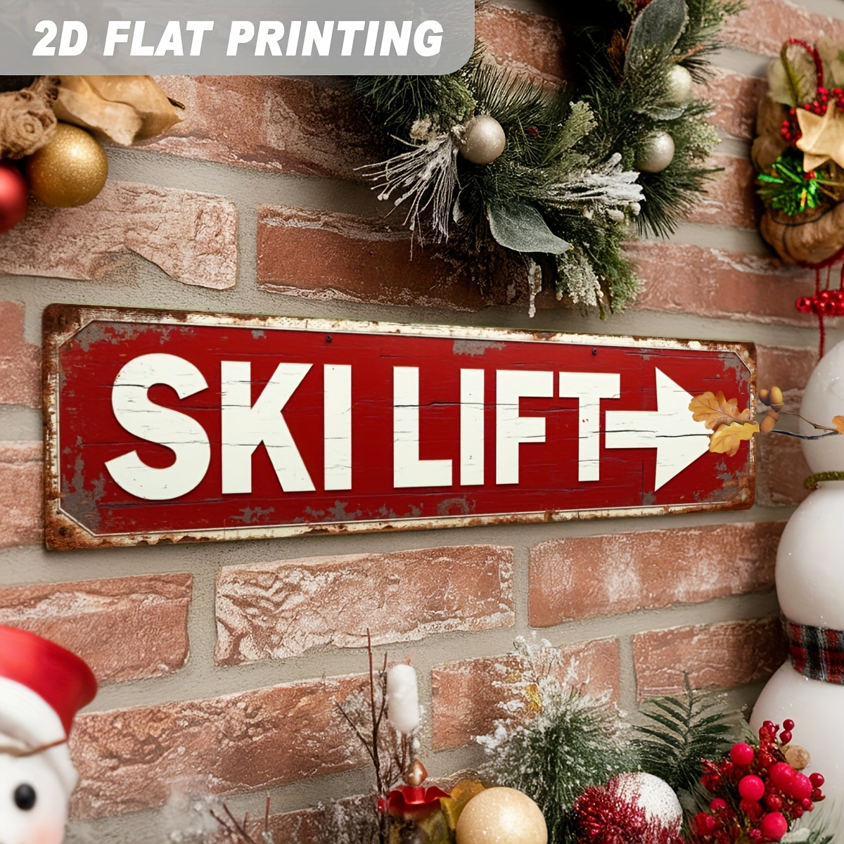 Image of 2d Flat, 2d Flat 1pc, Ski Lift Directional Metal Sign Rustic Winter Wall Art Wall Hanging Vintage For Home Entryway Ski Winter Decorative Signs & Plaques 3.94x15.75 Inch, 2d Flat