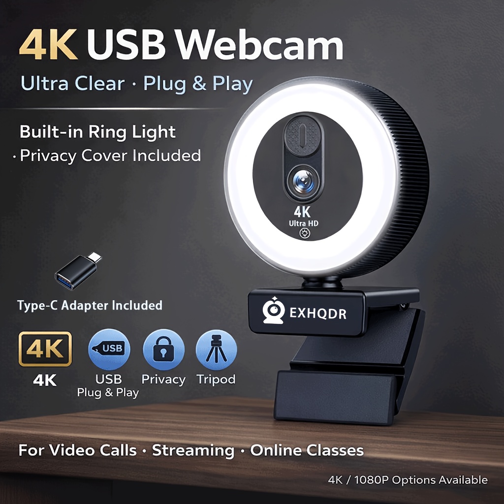   4k 2k 1080p usb webcam with ring light privacy cover plug and   camera 360 rotating stand with tripod for video calls streaming and online classes