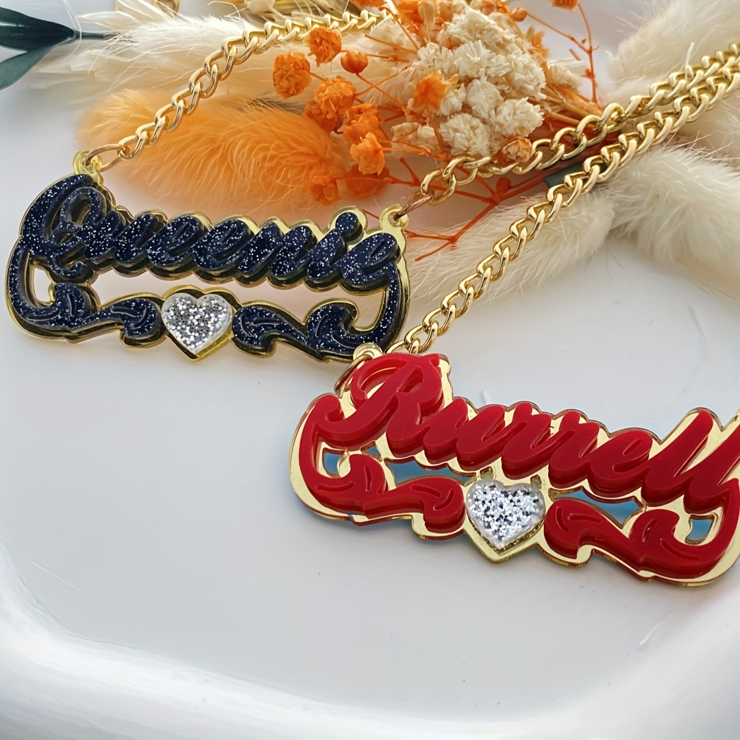 

Customized Boho Acrylic Name Necklace, Personalized Hip Hop Style Nameplate Pendant With Glitter Heart Design, Unique Jewelry Gifts For Women