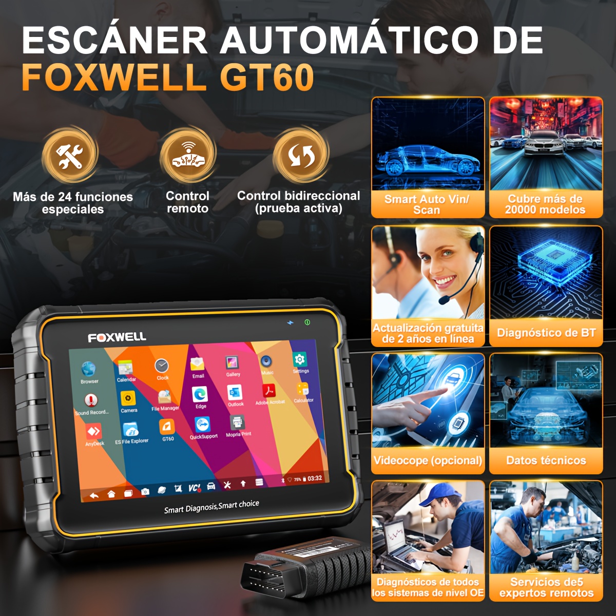 Foxwell GT60 BT Wireless Automotive Bi-directional Diagnostic Scanner Full System OBD2 Code Reader, Vehicle Analyzer with 24+ Reset Functions, DPF, SAS, Gearbox Matching, Sunroof Initialization & ABS