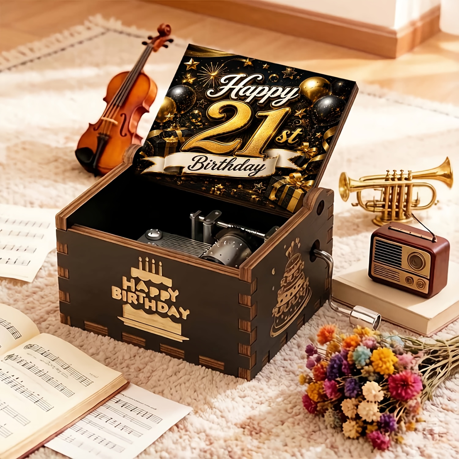 TEMU 1pc Gorgeous 21st Birthday Celebration Scene Vintage Wooden Hand-cranked Music Box, Options, Birthday Gifts For , Perfect Gift For , Home Decor