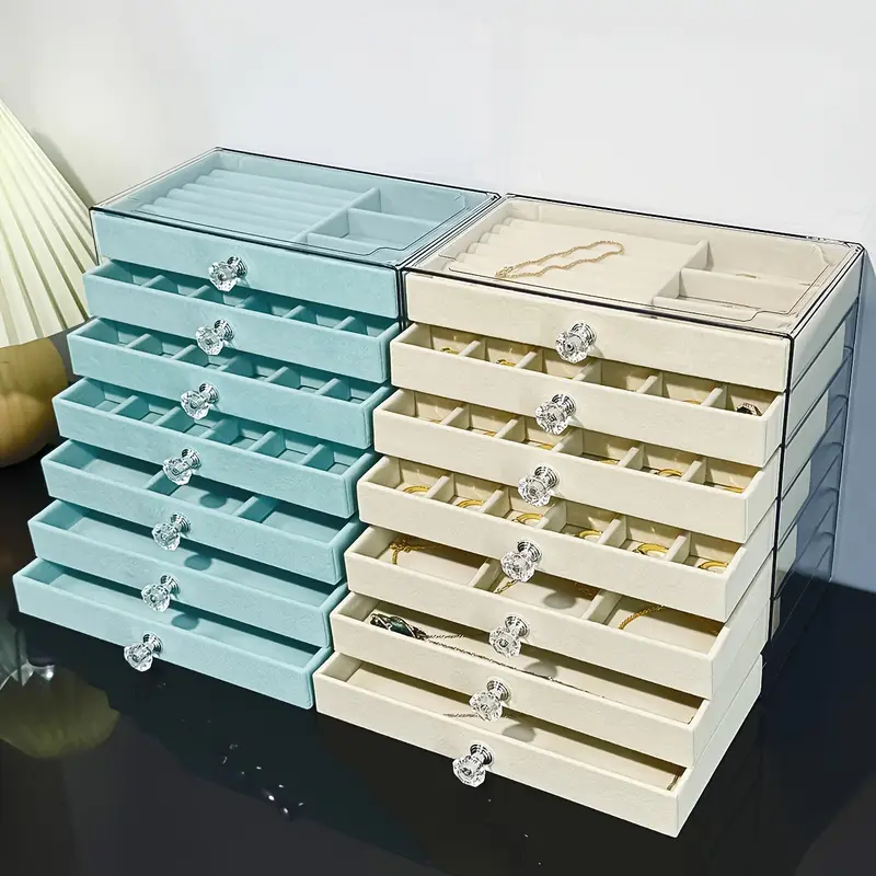 1pc elegant 7 layer large capacity jewelry organizer box with soft flannel lining light blue plastic storage case for bracelets necklaces earrings rings multi compartment design with secure clasp closure classic octagonal shape for vanity or desk jewelry boxes desktop organizer elegant organizer fabriclined drawers jewelry boxes Product details 0