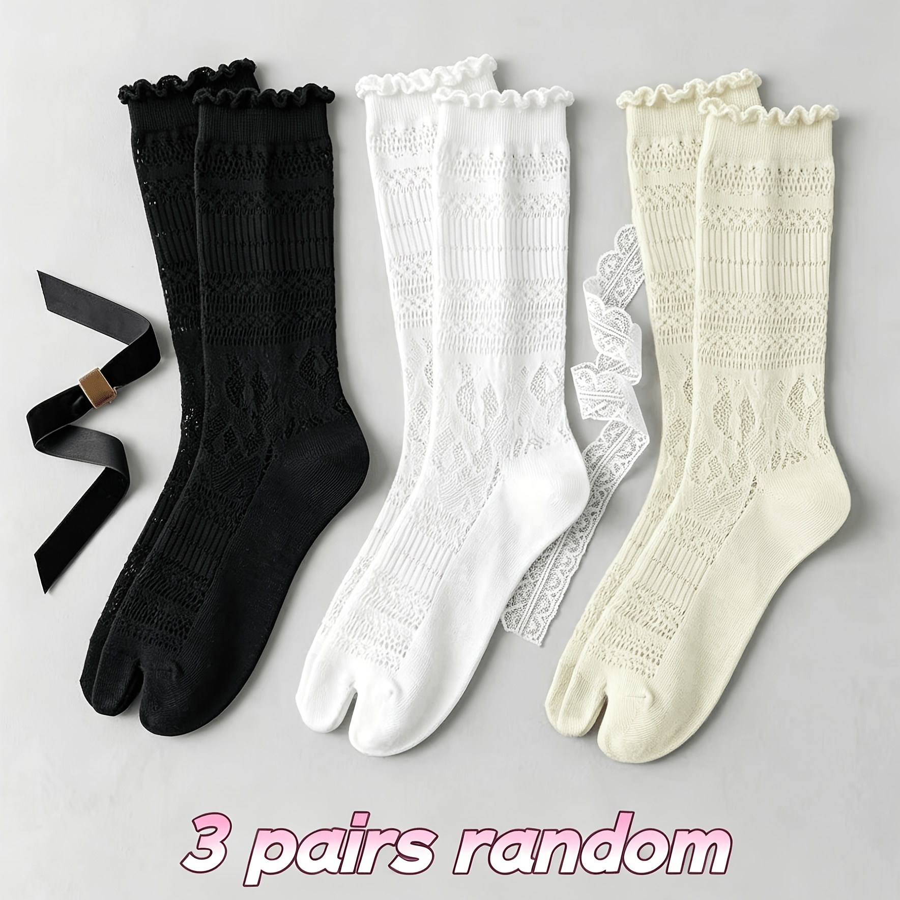 TEMU 3 Paires de Chaussettes Femme à Dents de Lion avec Bordure en Dentelle, Couleurs Assorties Aléatoires, Tendance Printemps Été, Noires et