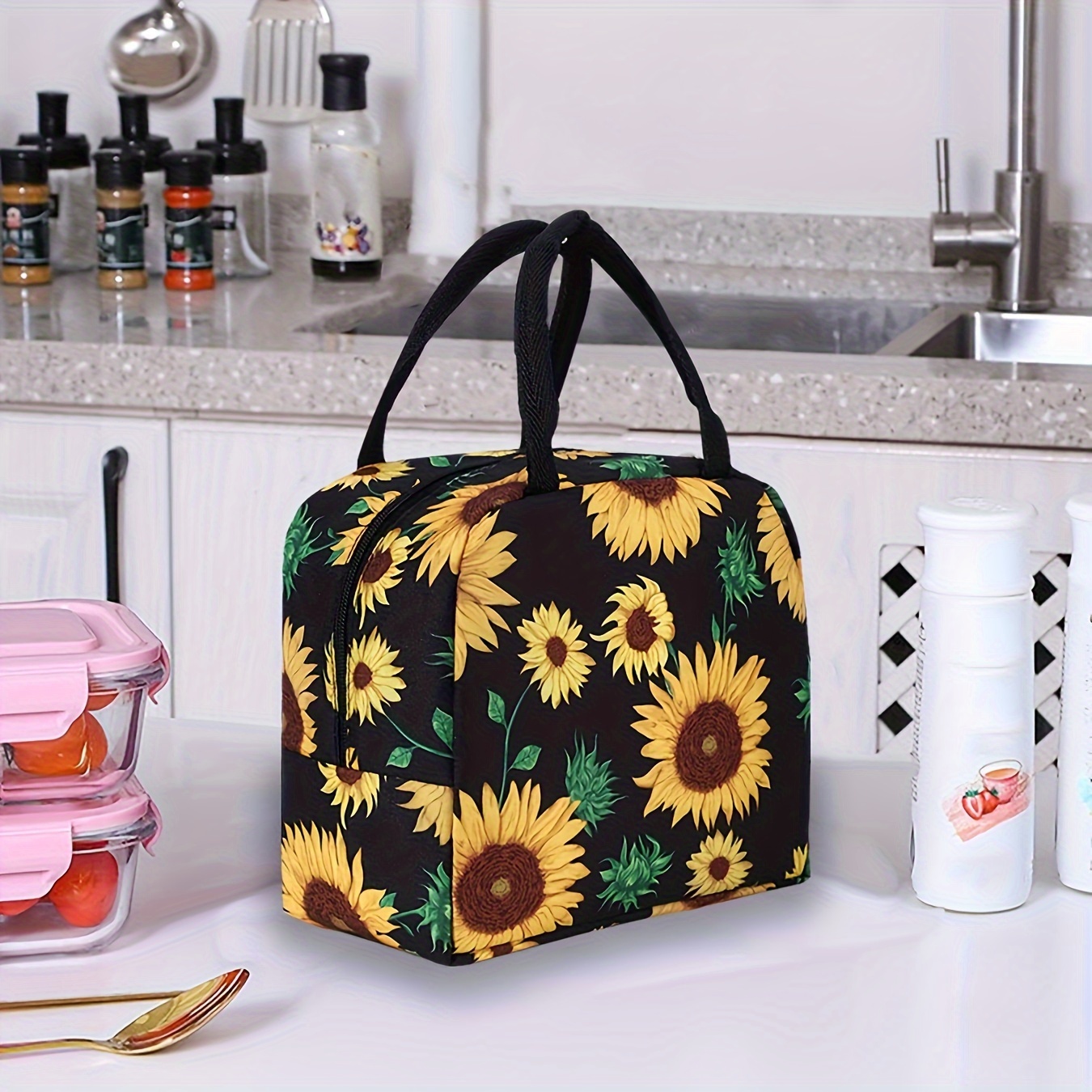 

1pc Sunflower Print Insulated Lunch Bag, Large Capacity Leakproof Thermal Tote With Aluminum Foil Lining, Polyester Fabric, Portable For Picnic, Work, School - Ideal For Easter, Day, Celebrations