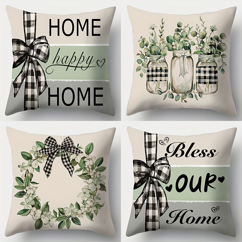 

Rustic Charm 4pcs Throw Pillow Cover Set - English Lettering & Green Leaf Design With Black & White Plaid Vase, 17.7x17.7 Inches, Single-sided Print, Sofa Cushion Covers (inserts Not Included)