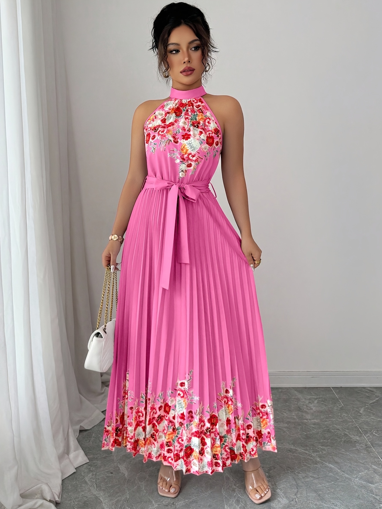 Fashionable New Women'S Summer Halter Floral Print Pleated Dress