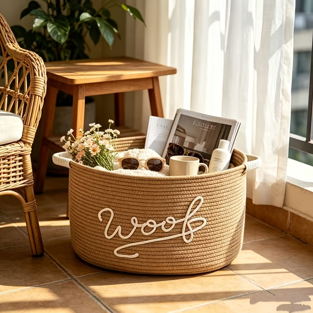 TEMU Embroidered Rope Storage Basket With Black Handles, Large Woven Organizer Bin For Pet Toys, Stuffed Animals, Clothes, Household Sundries Tote