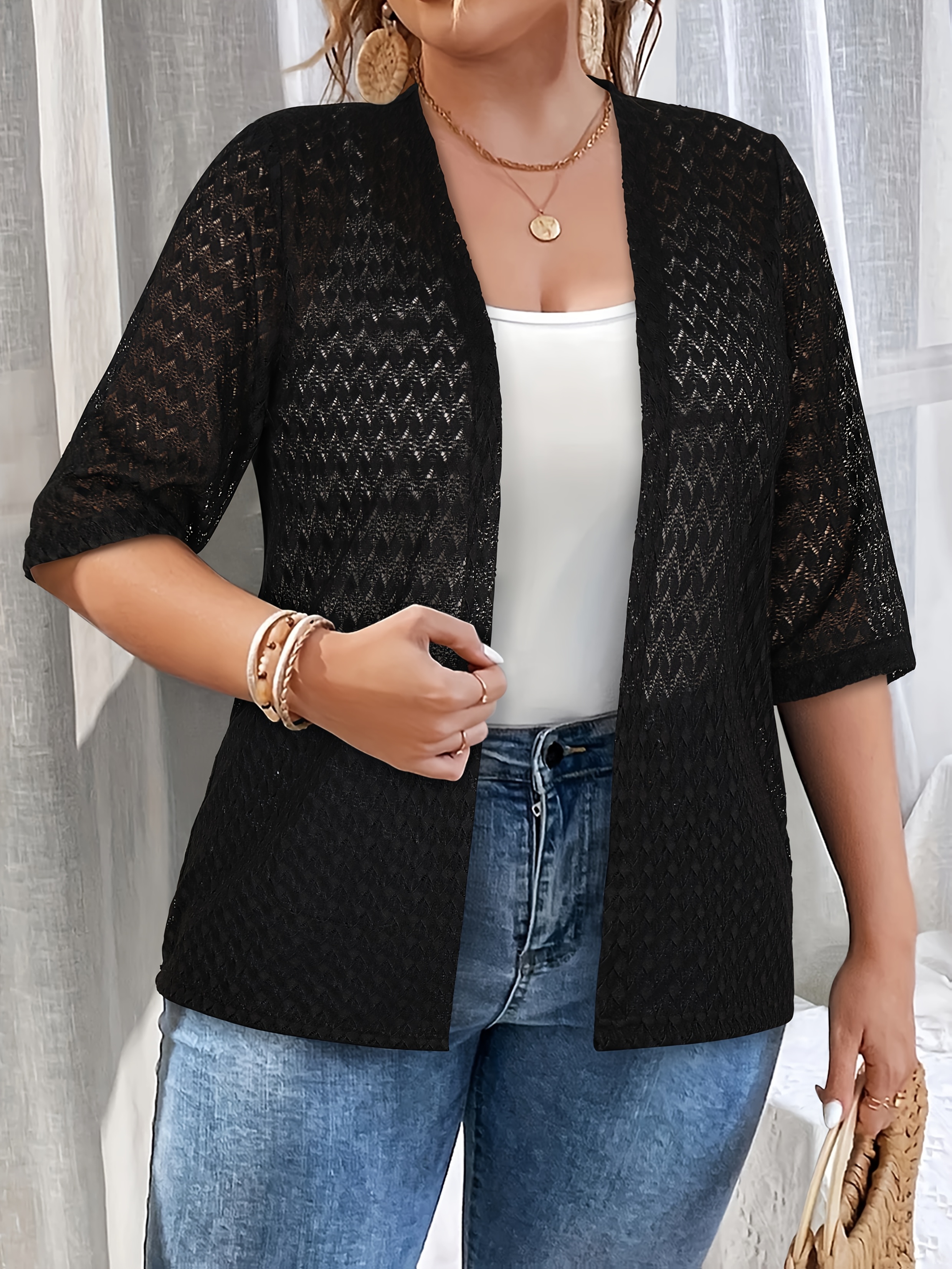 Women's Plus Size Elegant Open Front Cardigan Lightweight Spring/Summer  Sweater with Open Collar, Machine Washable Casual Layering Piece for Jeans