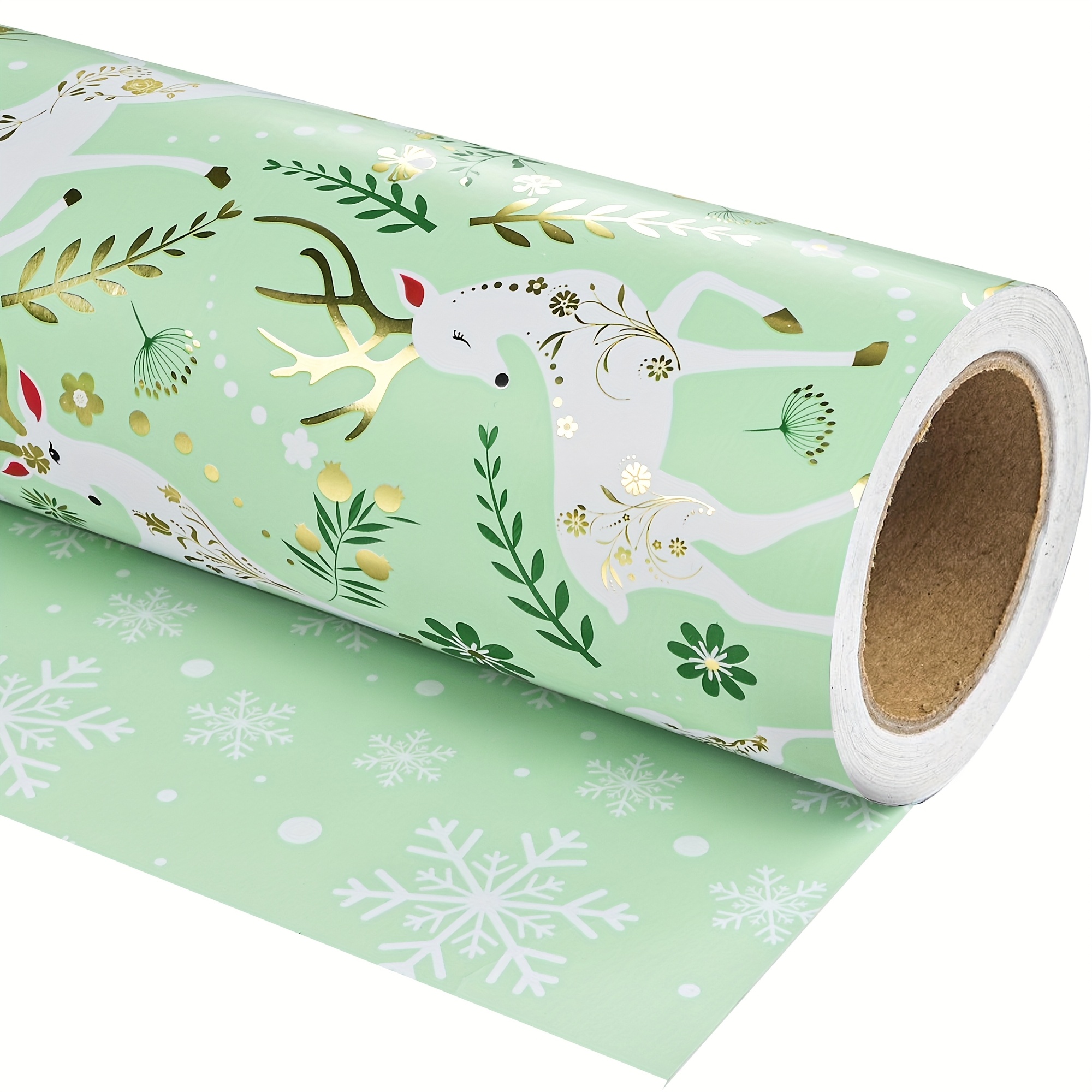 Image of 1 Roll Of Christmas Foil Wrapping Paper - 17 Inches X 16.5 Feet, Green Background With Golden Christmas Reindeer Design, Double-sided Christmas Wrapping Paper - Perfect For Holiday Party Decorations