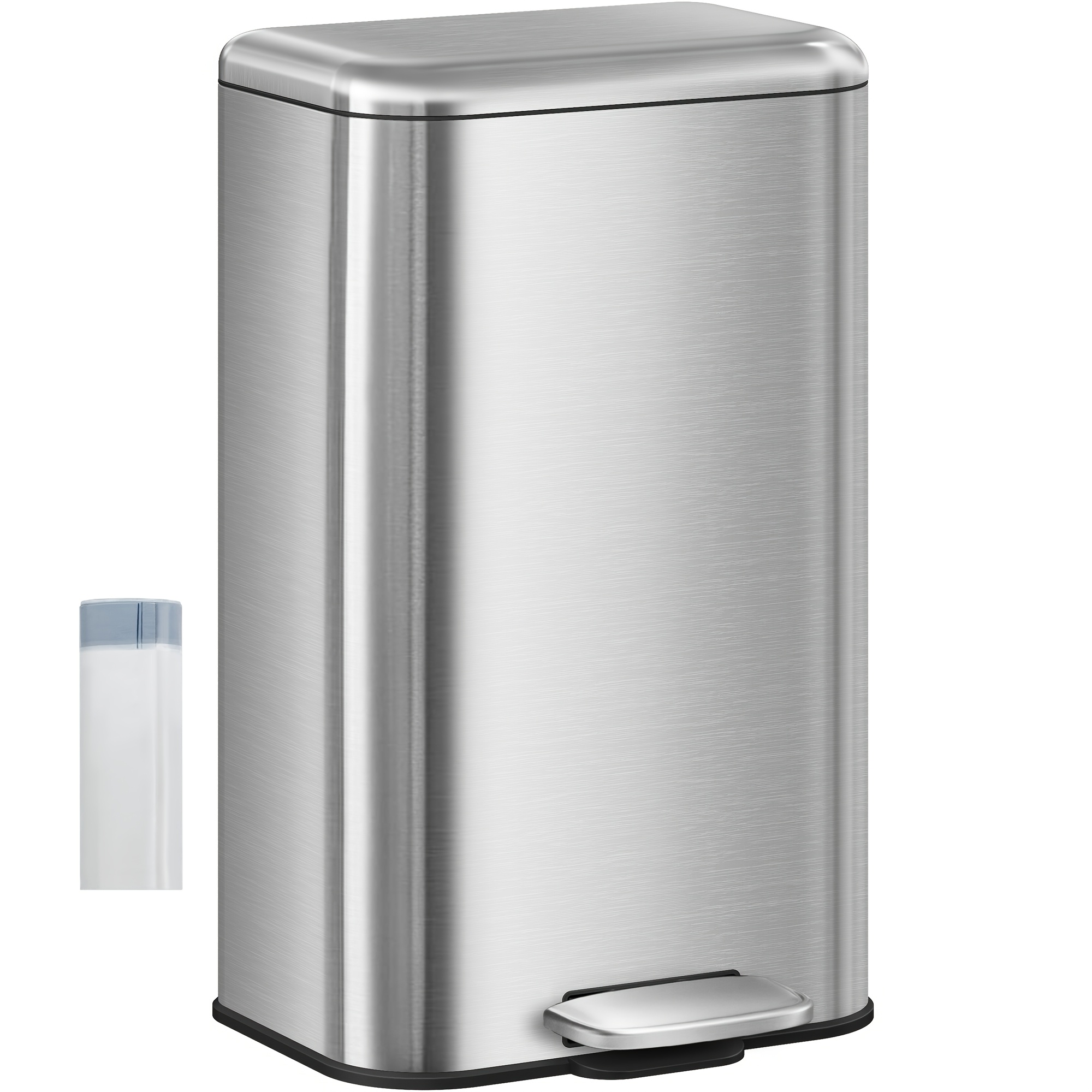 30-liter Kitchen Trash Can Featuring A Pedal Mechanism, A Soft-closing Lid, And An Inner Bucket, Complete With 15 Trash Bags, Made Of Steel In A Silvery End