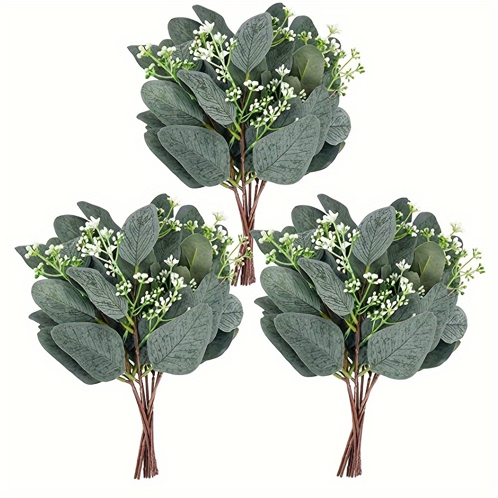 

10pcs Vintage Eucalyptus Leaves With White Seeds - Artificial Greenery Stems For Diy Flower Arrangements, Wedding Bouquets & Home Decor