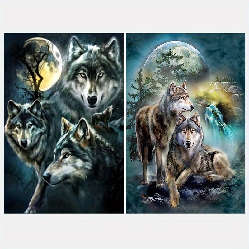 

2 Pack 5d Wolf & Moon Diamond Painting Kits For Adults And Beginners, Animal Theme Round Diamond Art, Diy Canvas Home Wall Decor Art Gift.