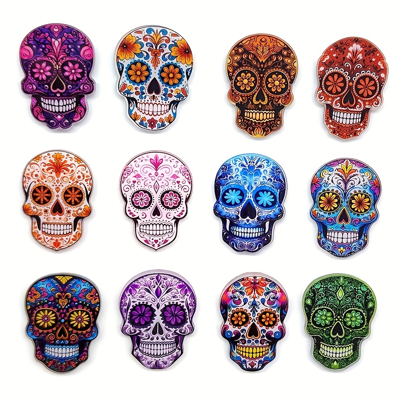 E-shop 2D Flach, 12er-Set Zucker-Schädel Halloween DIY Acryl Broschen Nadel Accessoires Süßes Modeaccessoire für Kleidung & Rucksack Fans Geschenk,