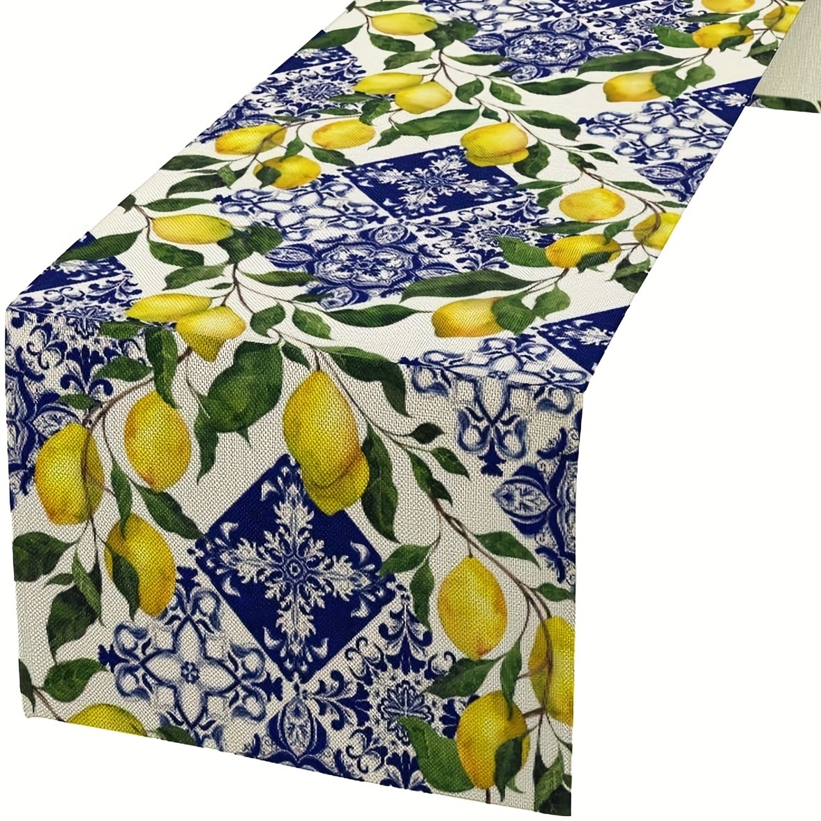 Image of 1pc, Blue Tile Lemon Table Runner, Lemon Print Table Runner For Farmhouse Home Dining Kitchen Table Decor Indoors Outdoors Party13 X 36, 13 X 48, 13 X 72, 13 X 90, 13 X 108