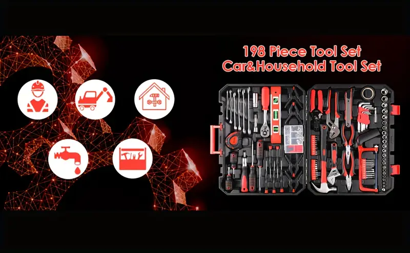 198pcs home tool kit with toolbox essential hand tools set for household auto bike repairs halloween and christmas gift for diy enthusiasts Product details 0