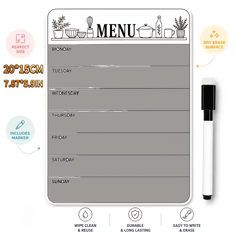 TEMU 1 blanc acrylique pour menu de réfrigérateur, avec 1 marqueur effaçable, hebdomadaire des repas effaçable, notes de courses de cuisine