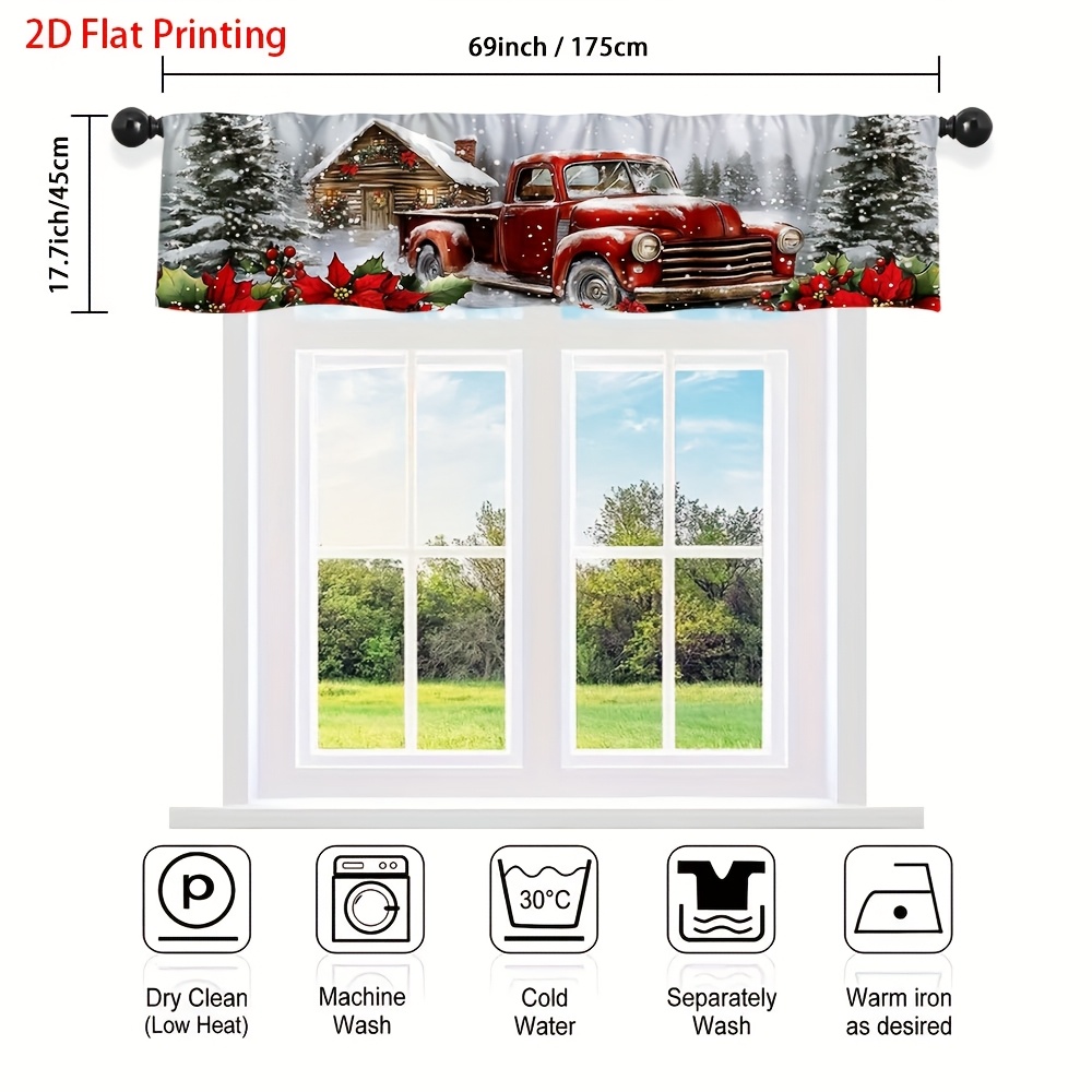 TEMU Rideau de valance plat 2D - 1 pièce de cabine d'hiver sur le thème des camions vintage avec impression plate 2D, conçu avec une poche à tringle