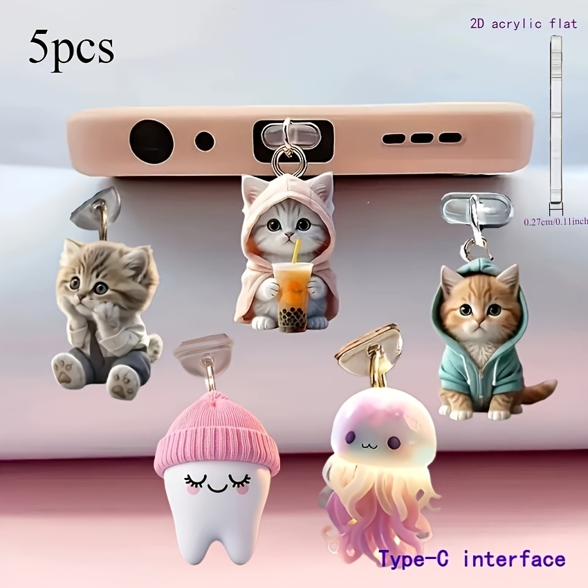 5pcs 2d Flat Type-c Interface, Interface Mobile Phone Dust Plug-special Mobile Phone Additions With Cat Pendant, Charging Port And Earphone Jack, Acrylic