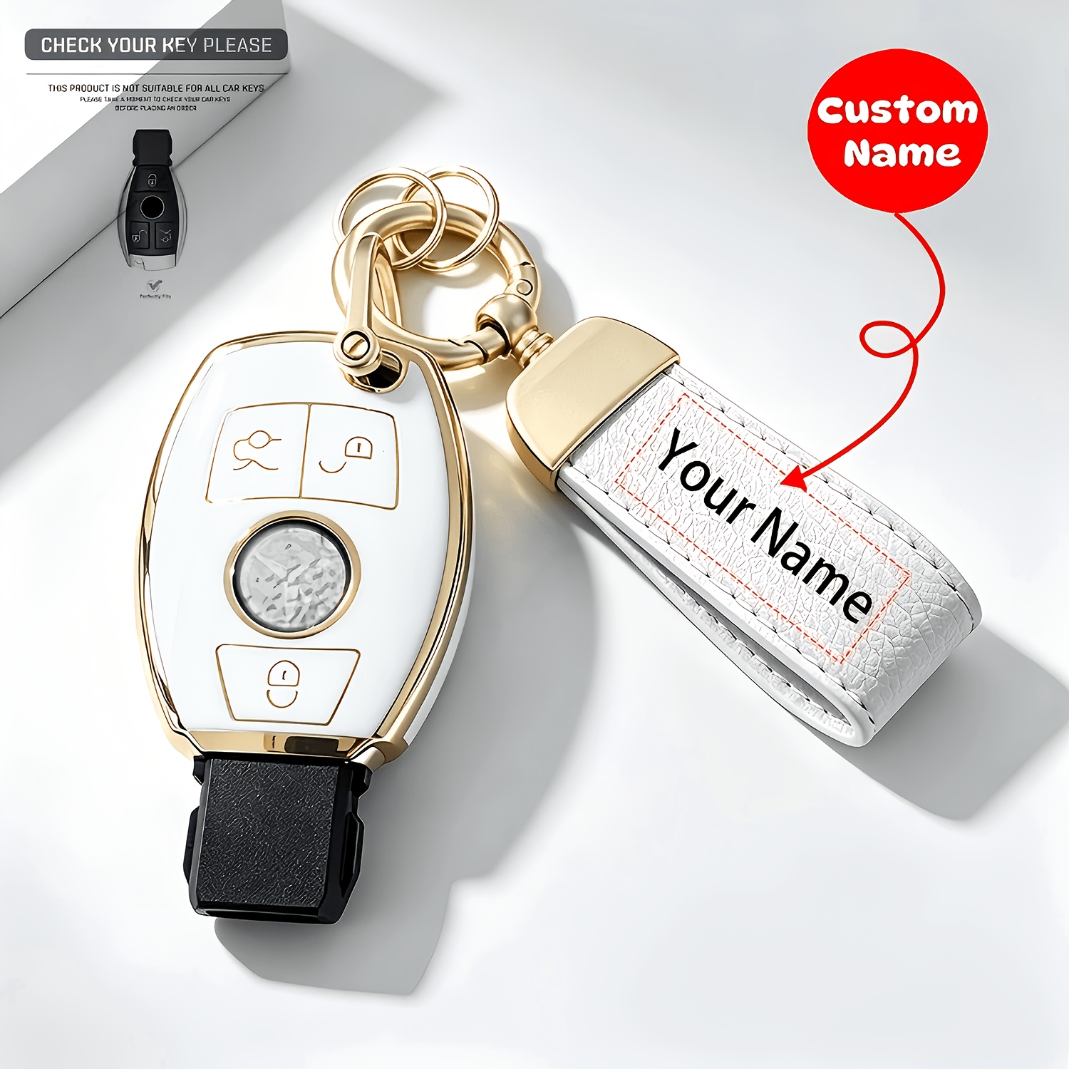 TEMU Personalized Custom Golden- Tpu Key Cover + Keychain 2pcs Set, Specifically For Mercedes-benz A/b/c/ And ///glc/cls// W204/w205/w212/w463/w176