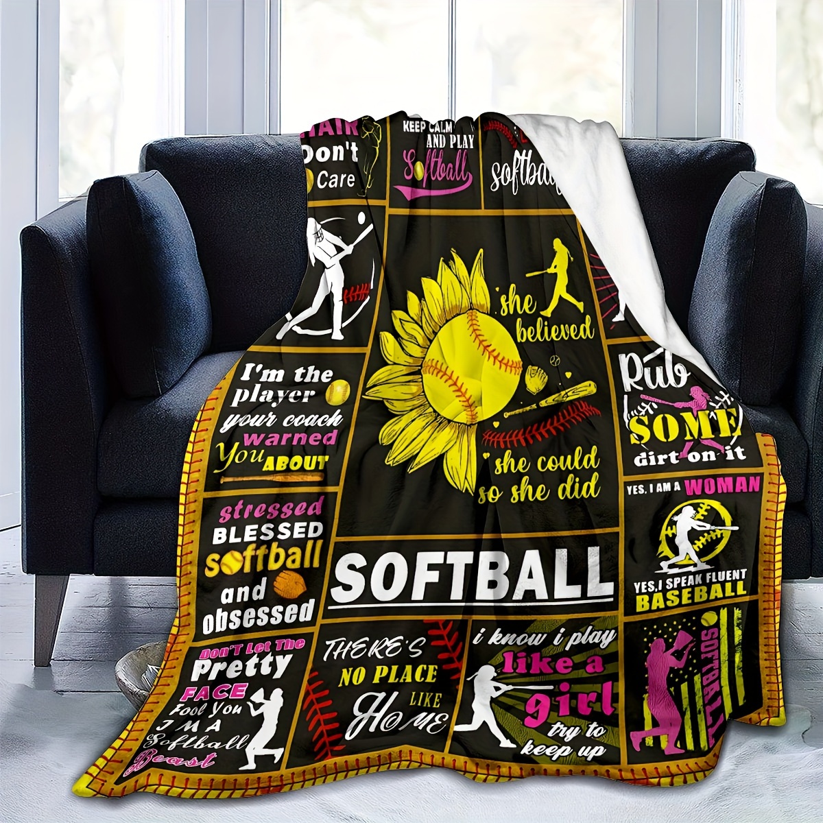 

1pc Softball Fleece Throw Blanket – Contemporary Style Reversible Multipurpose Flannel Blanket With , Softball Sports Theme, Couch, Bed, Office – Polyester, 200-250g Lightweight Fabric