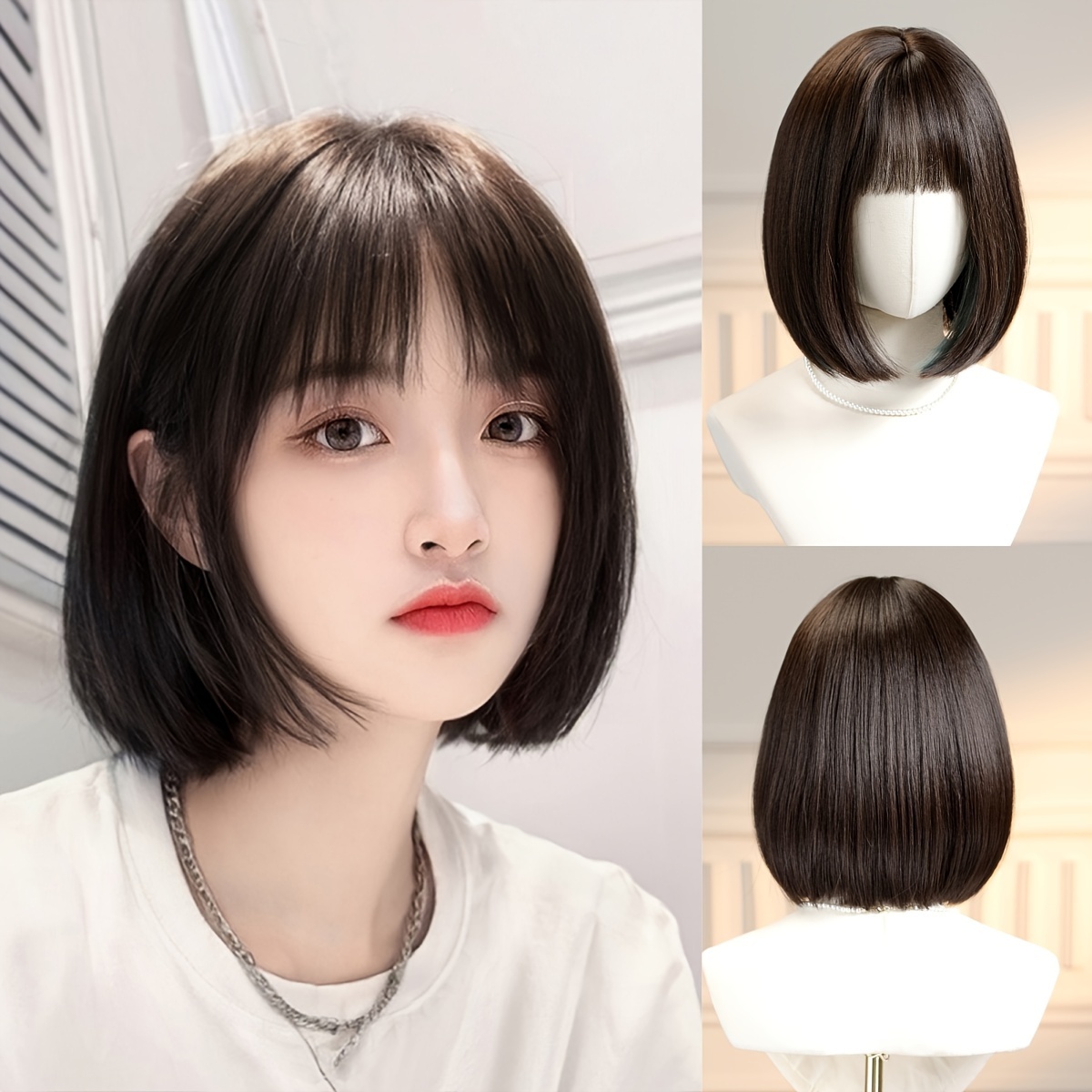 

Woven Wigs Women's Short Bob Straight Hair Wig, Tang Long Fiber, Basic Style, Rose Net Cap, 150% Density, Universal Fit