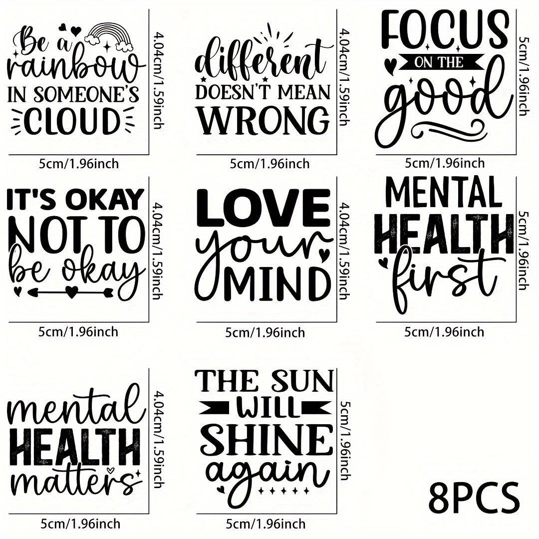 

8pcs Mental Health Quotes Pattern Uv Dtf Cup Stickers, Waterproof Sticker Pack For Decorating Mugs, Cups, Bottles, School Supplies, Etc, Arts Crafts, Diy Art Supplies