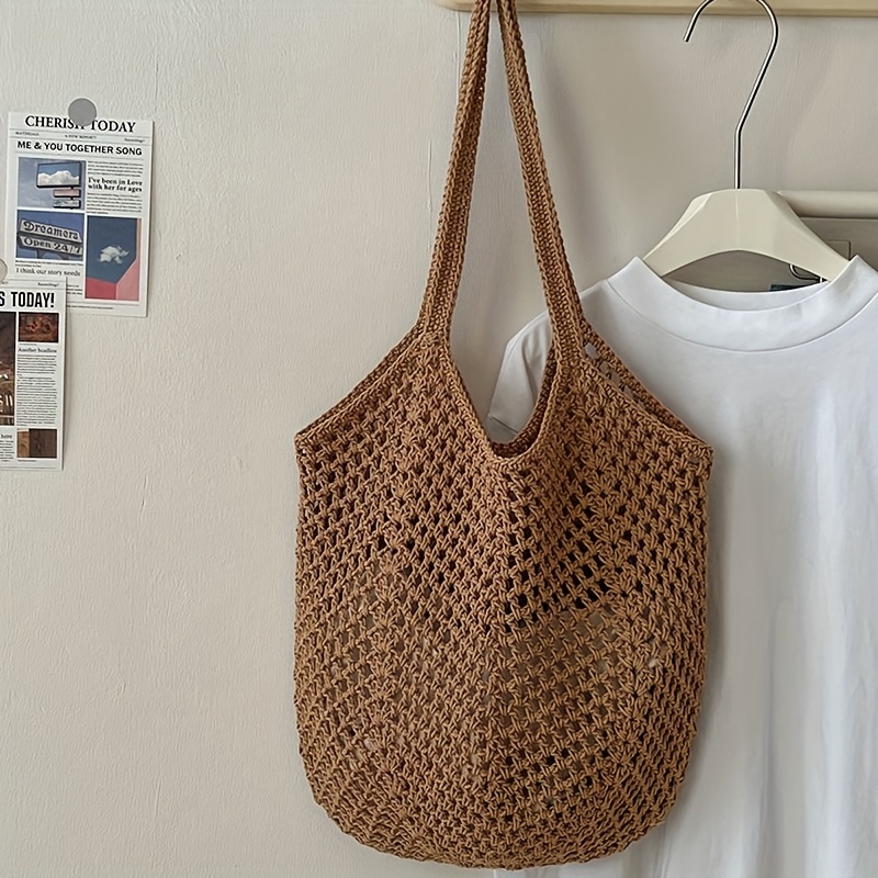 TEMU 1pc Women's Casual Large Capacity Woven Bag Open Tote Bag Adjustable Strap Breathable Fabric For Vacation Shopping Daily Use