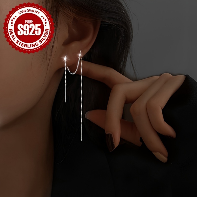 

[ ] Chaîne de Boîte à Boucles d'Oreilles à Longue Frange en Argent S925 , et Cadeau de Fête, Allergie, 2pcs, Poids Argenté 0.7g--0.85g