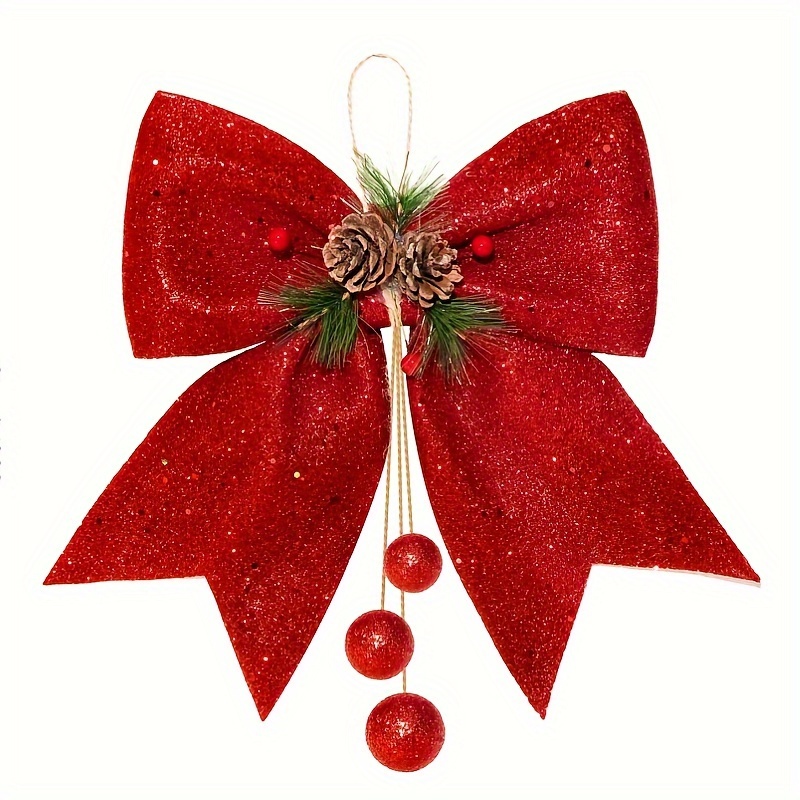 

Large Red Glitter Christmas Bow - Tree Topper & Home Decor, Holiday Party Accessory With Pine Leaves And Cones