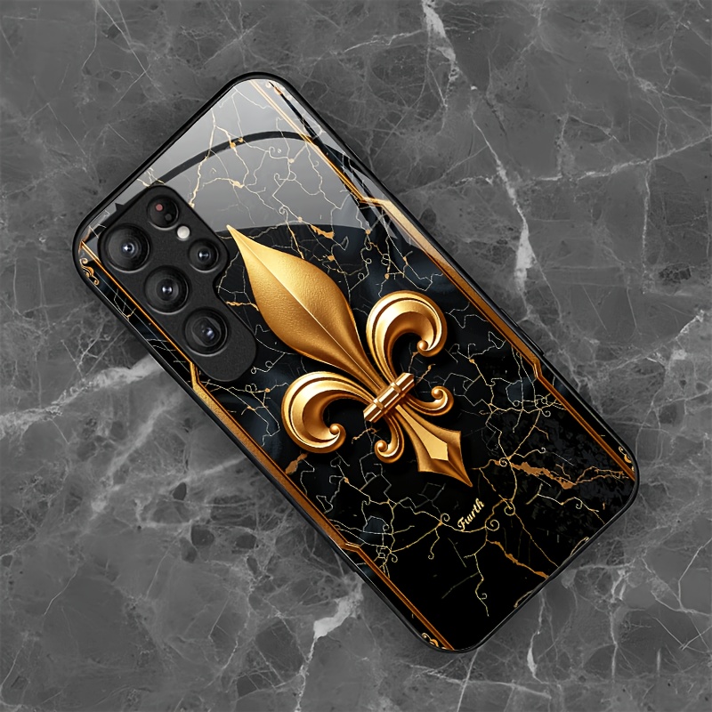TEMU Phone Case - A Stylish Phone Case Featuring A Black Marble Background With A Golden Floral Pattern, Compatible With For For Galaxy Models