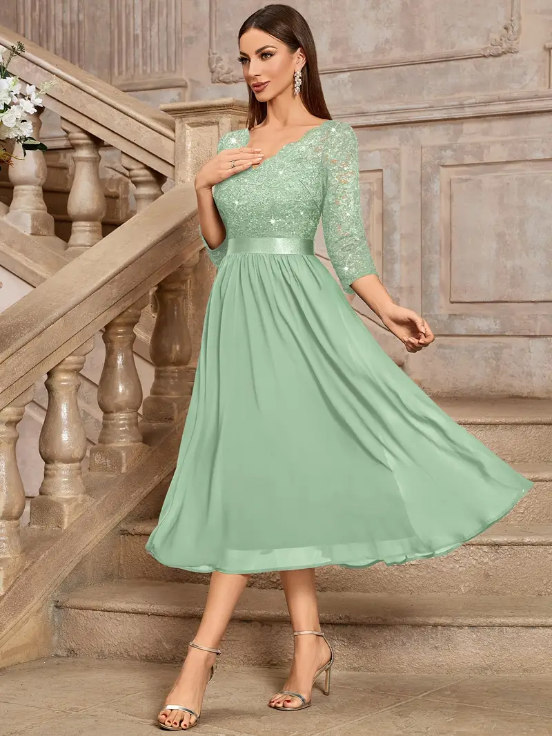 Women's Elegant Sequined Lace V-neck 3/4 Sleeve Lace Contrast Chiffon Party Midi Dress Women's Elegant Sequined Lace V-neck 3/4 Sleeve Lace Contrast Chiffon Party Midi Dress