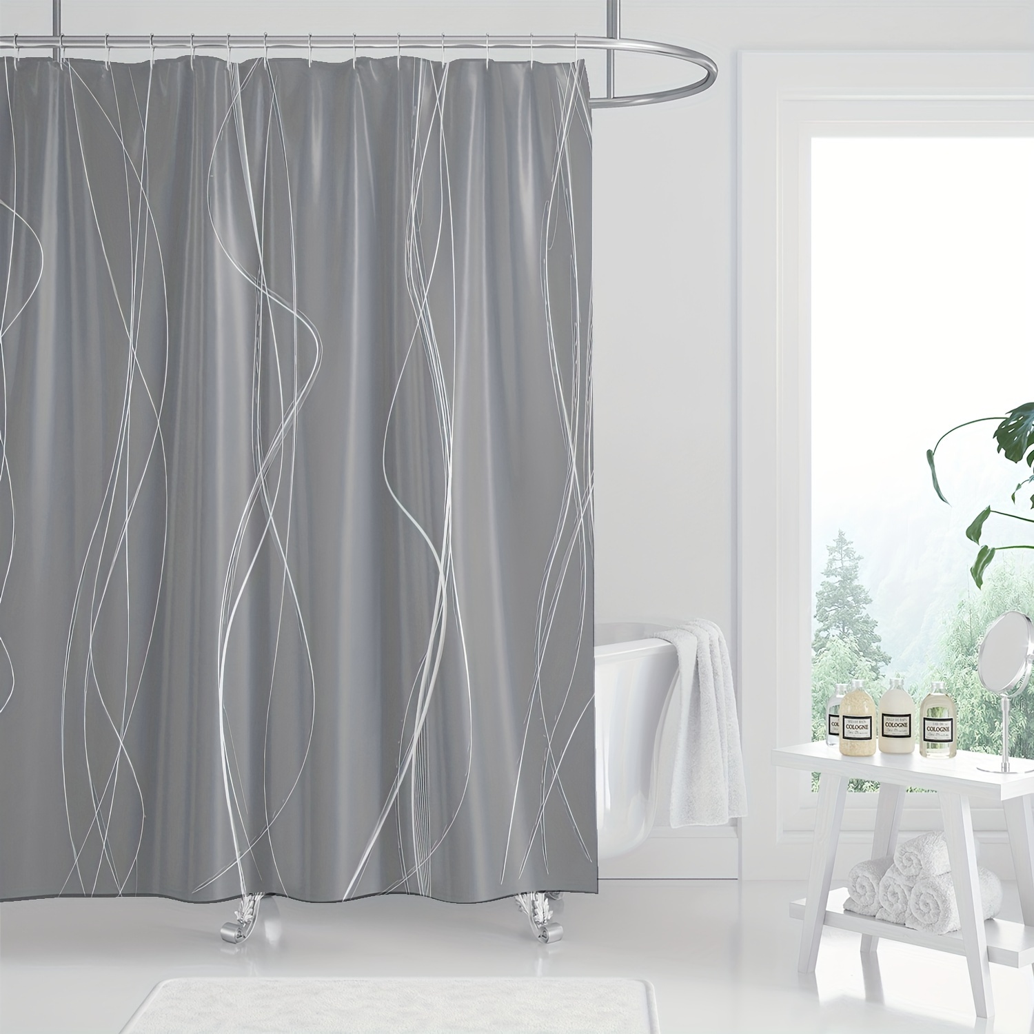 

1pc, Modern Luxury White Line Art Abstract Curve Gray Shower Curtain, Digital Print Bathroom Decor, Machine Washable, Iron Safe