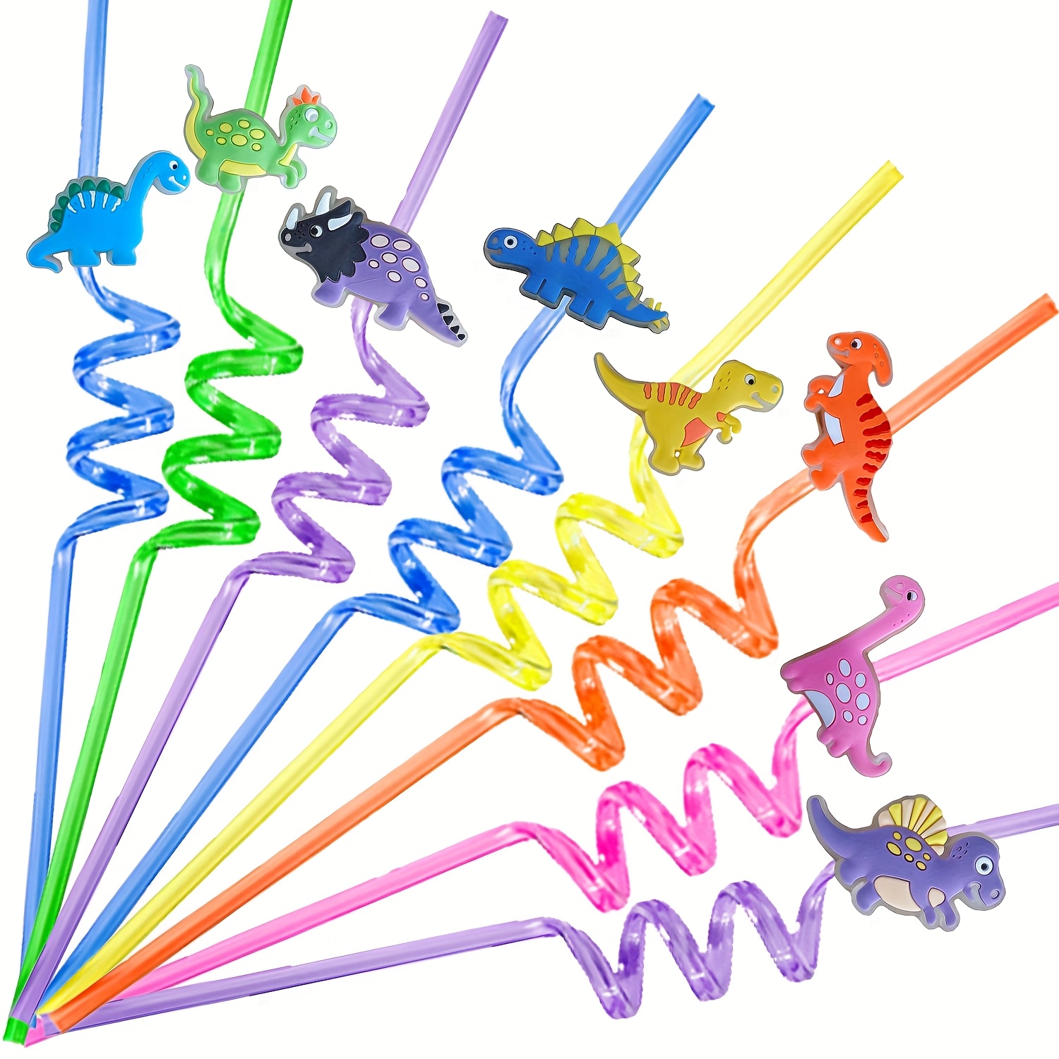 Image of Of 5 Or 8 Dinosaur-themed Spiral Drinking Straws, Made Of Reusable Plastic, Featuring Decorations In Colors, Perfect For Birthdays And Themed Celebrations
