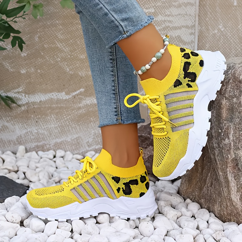 Image of Women's Leopard Print Sneakers- Breathable Mesh Knit, Eye- Catching Color Combinations, Lightweight And Supportive White Sole, Great For Fashion- Ladies