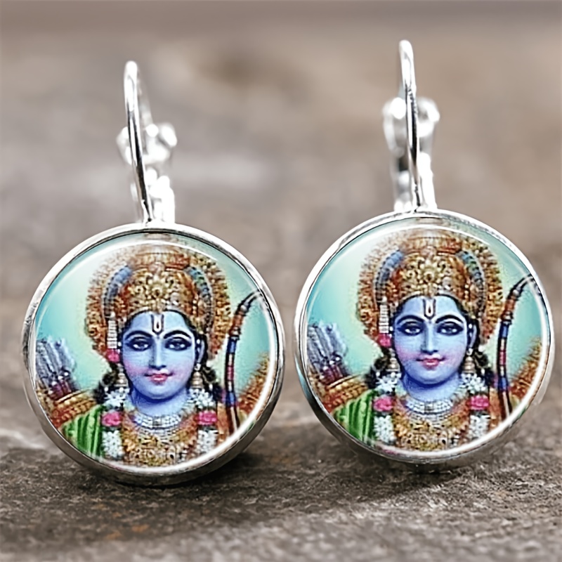 2pcs Round Glass-Inlaid Earrings with Deity Design