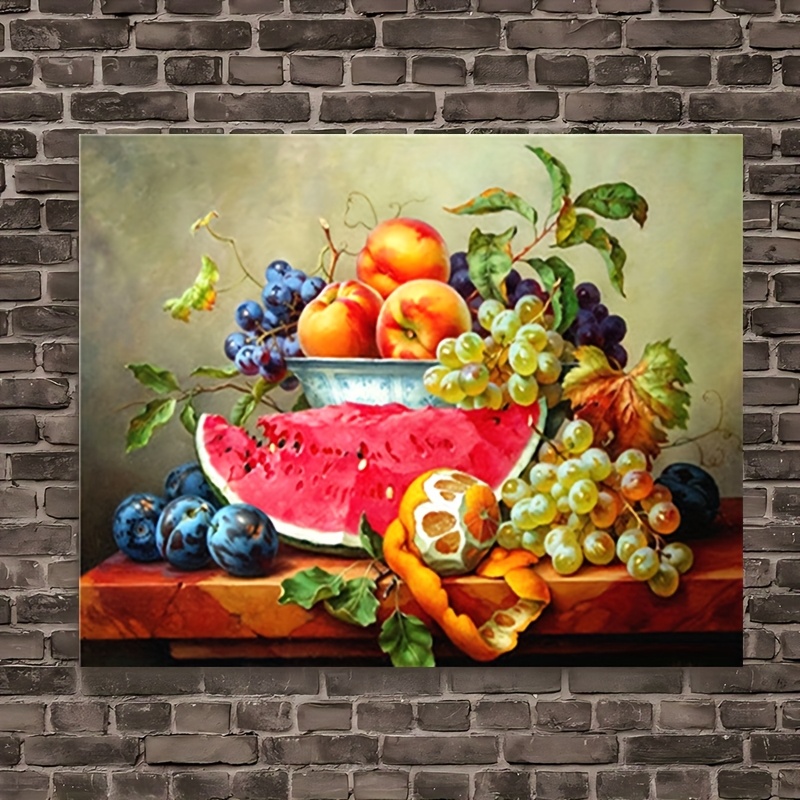 TEMU 1pc Vertical Framed Still Life Fruit & Grapevine Botanical Canvas Wall Art - Grapes, Peaches, Grapes, Watermelon Painting -