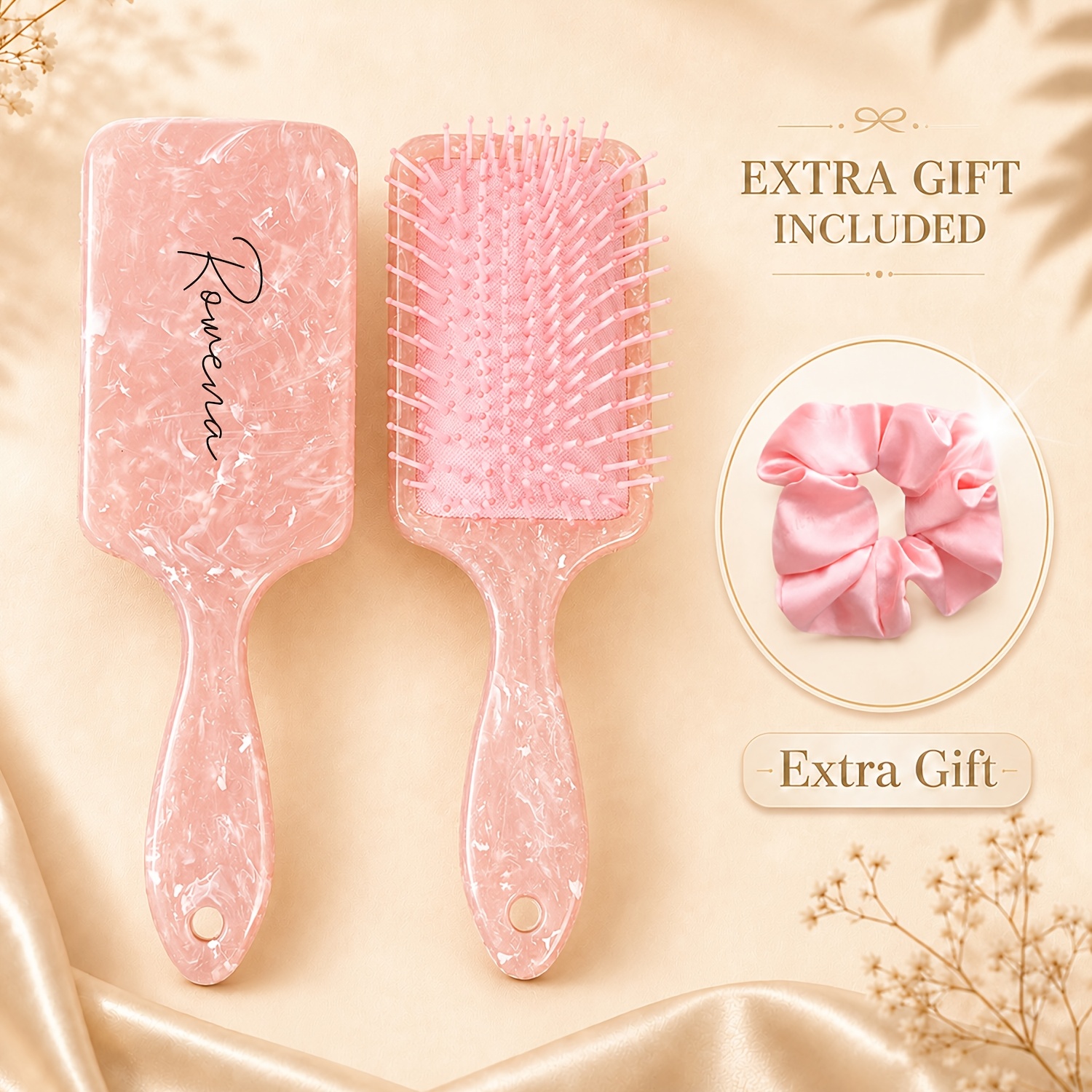 Image of 1pc Personalized Air Cushion Hair Brush, Large Square Detangling & Scalp Massage Brush For , Pink, Yellow & Gray Marble Design, Travel Hair Care Gift For Sisters &