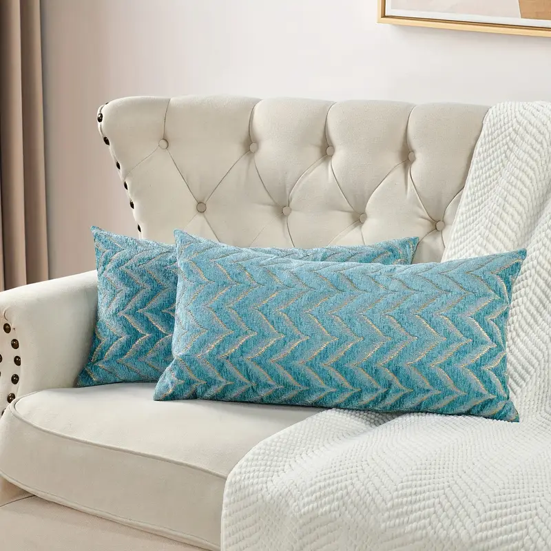 2pcs double sided chevron pattern jacquard throw pillow covers in blue gray and beige soft chenille texture decorative cushion covers for sofa couch chair living room bedroom decor inserts not included living room decor accents stylish cushion covers Product details 2