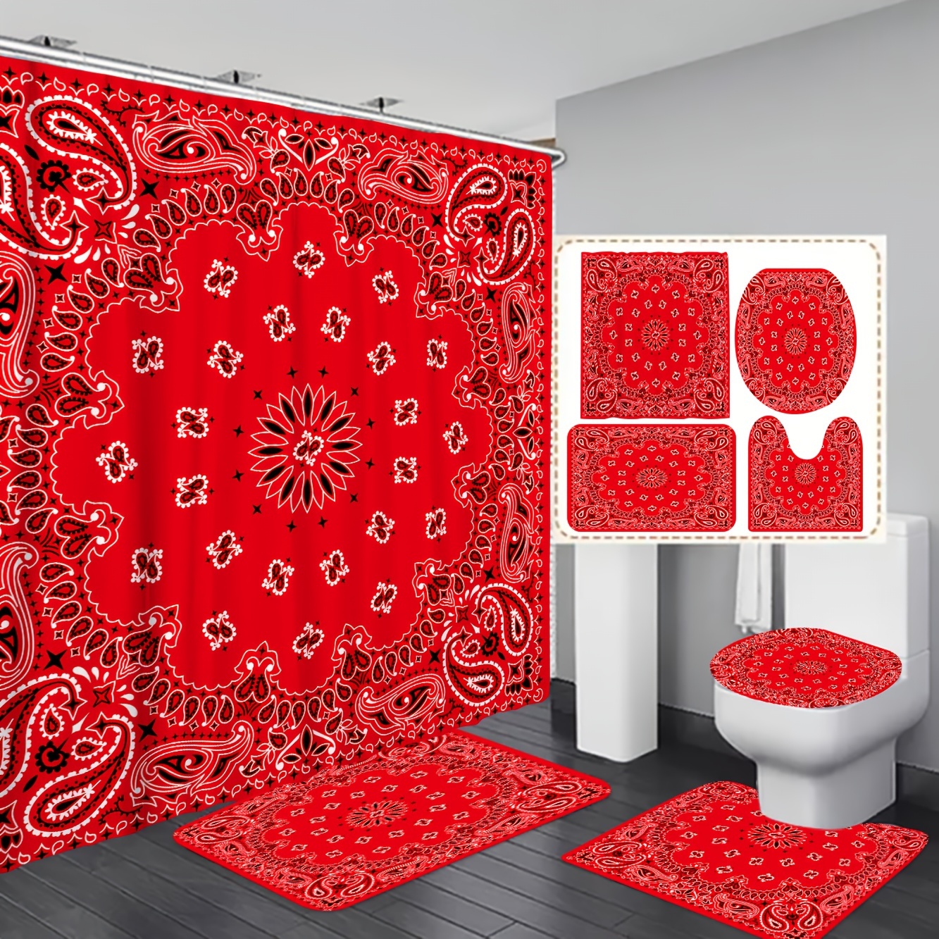 

1/3/4pcs Red Paisley Pattern Shower Curtain Set, Waterproof Bathroom Partition Curtain With Hooks, Non-slip Bath Rug, Toilet U-shape Mat, Toilet Lid Cover Mat, Bathroom Accessories