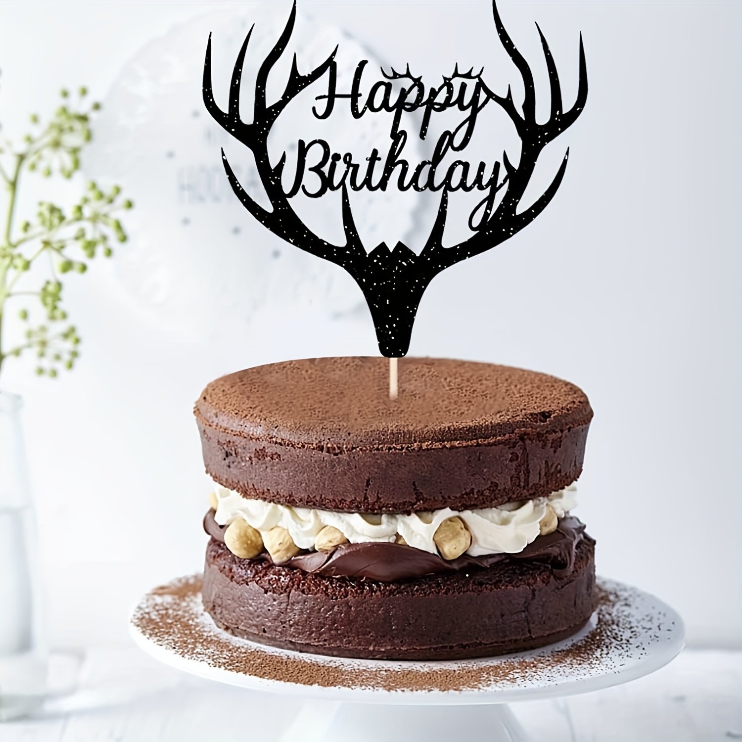 Image of 1pc Antlers Happy Birthday Cake Toppers For Wedding/baby Shower/birthday Party Cake Decorating Supplies Rustic Party Cake Toppers, Halloween, Christmas