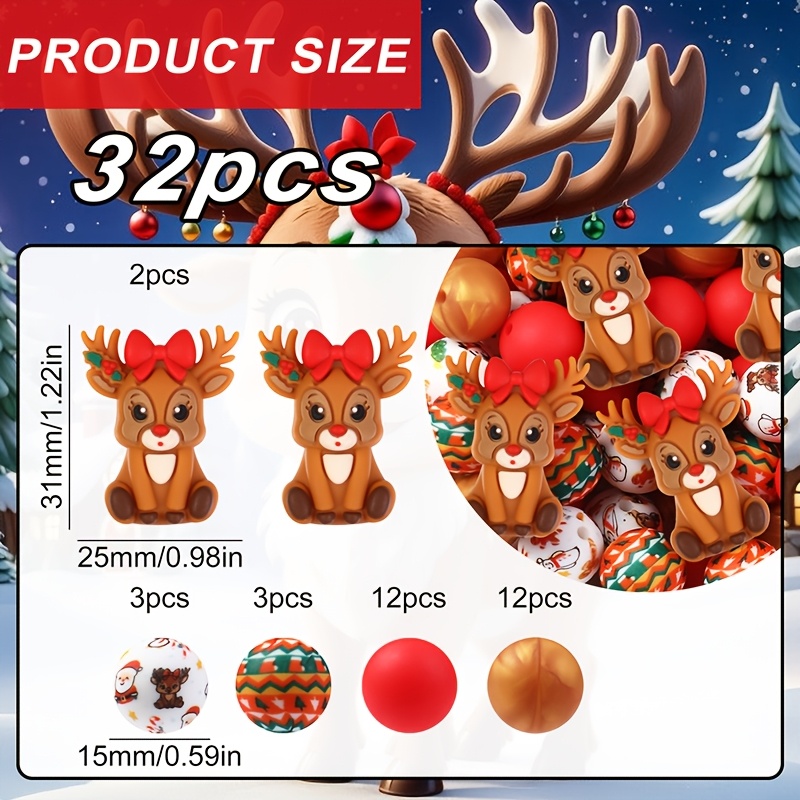 TEMU 32pcs Cute 3d 2026 New Christmas Bow Elk Silicone Beads Set Wholesale, Beads For Jewelry Making, , Perfect For Bracelets, Lanyards, Beads Pen