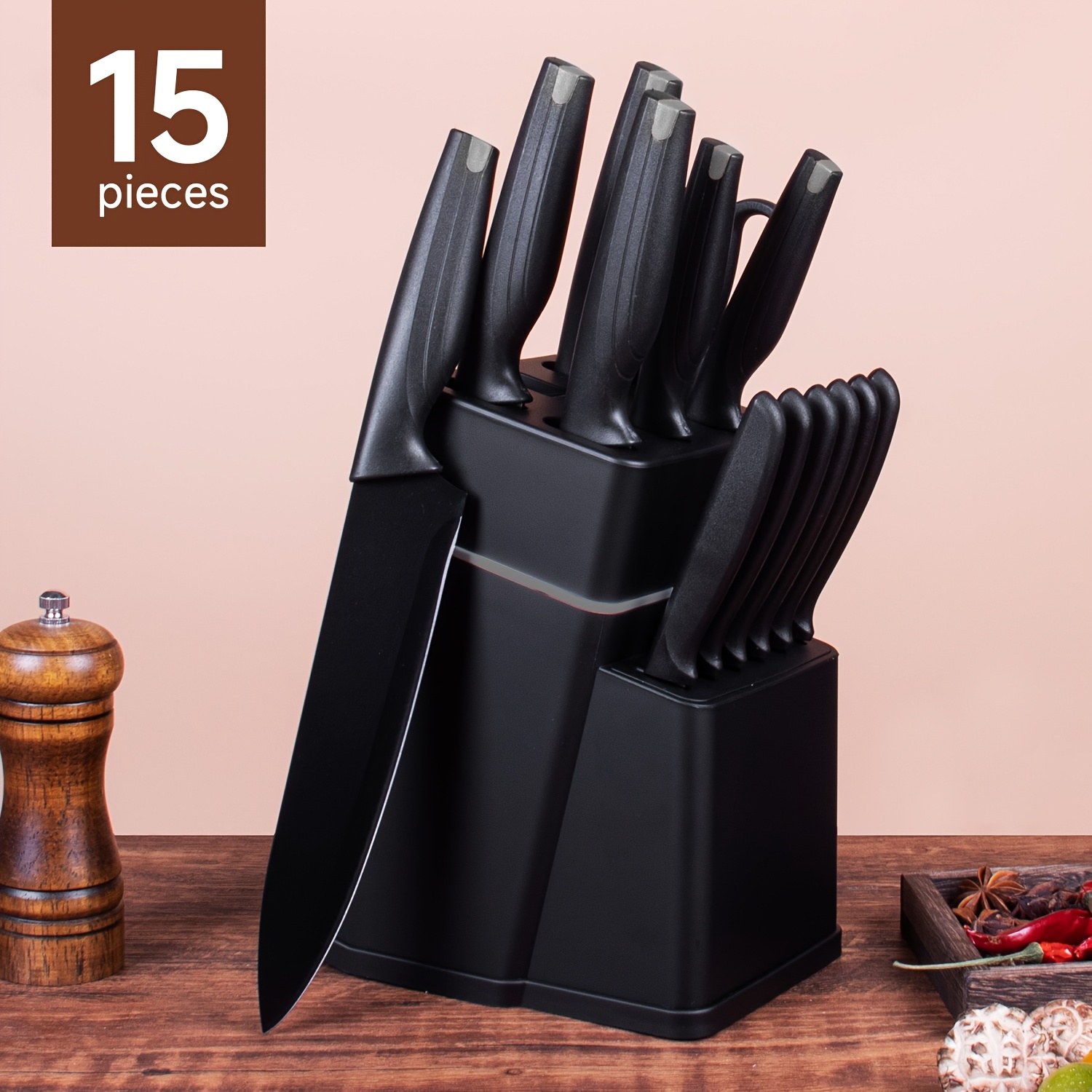 15pcs Professional Kitchen Knife Set with a Black Knife Holder, Including Chef'S Knives And Kitchen Scissors, Made of High-Carbon Stainless Steel for Exceptional Sharpness, Suitable for Home And Restaurant Use, Perfect for Christmas And New Year
