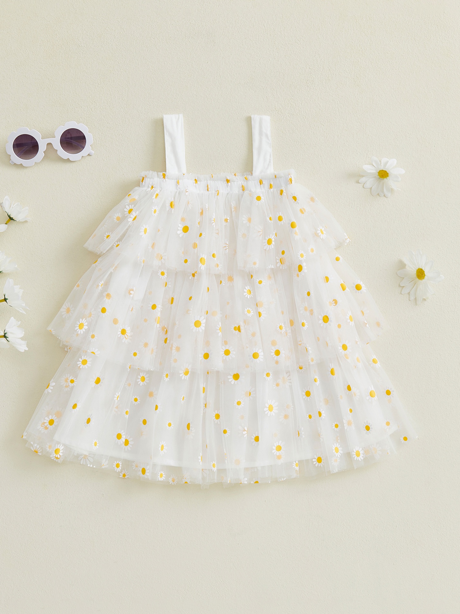 2025 summer girls daisy print tulle dress floral princess - Temu