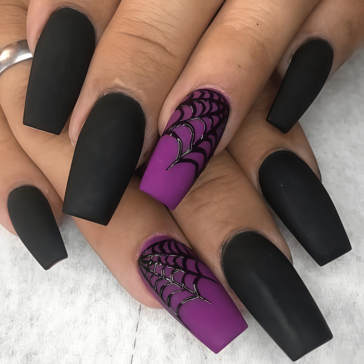 TEMU 24pcs Nail Art Set, Matte Black With Purple Web Long Ballet Nails For Halloween Dark Spicy Style Wearable Nails Glossy Detachable Nail Sheets,