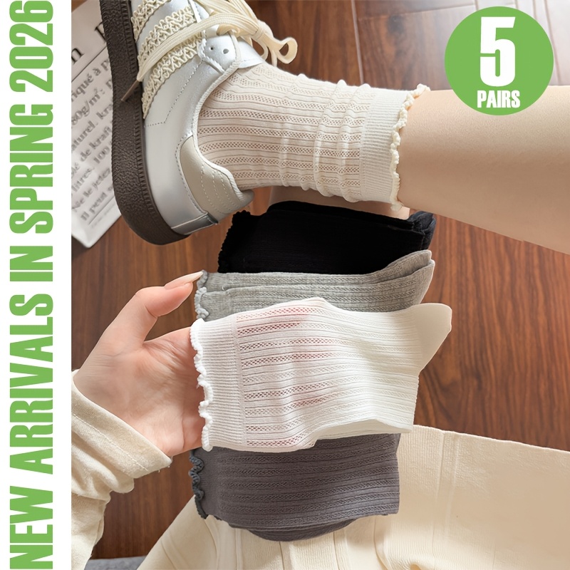 TEMU Lot de 5 paires de chaussettes d'été pour femme, fines en ajourée et respirantes, style coréen d'Instagram, chaussettes blanches à par-dessus,