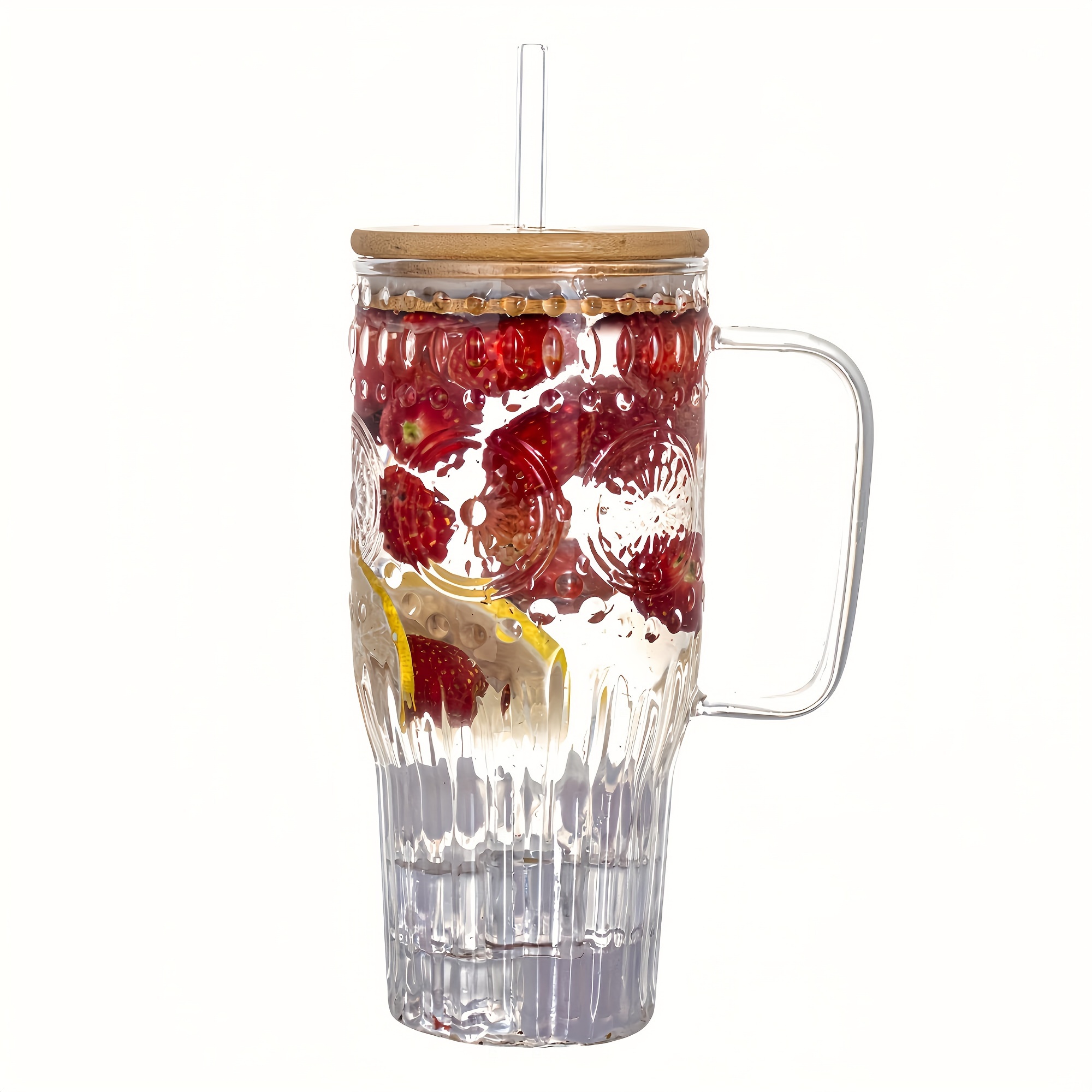 E-shop 32oz Vintage-Glasbecher mit Griff, Bambusdeckeln Strohhalmen - Borosilikatglas-Tumbler für Heißgetränke & Kalt