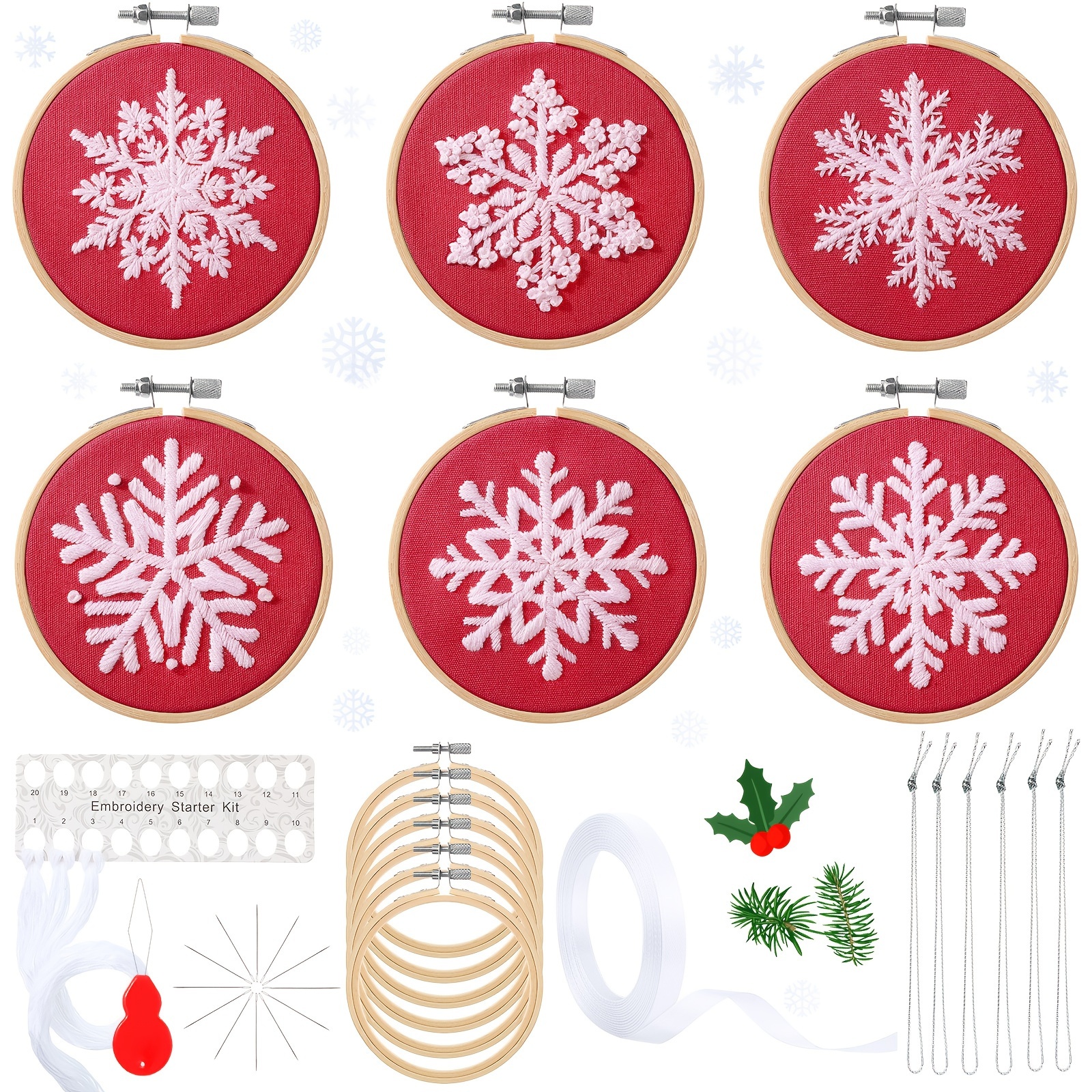 

6 Sets Winter Christmas Embroidery Kit For Beginners Snowflakes Diy Needlepoint Kit With Patterns Instructions Embroidery Hoops Needles Needle Ropes Ribbon